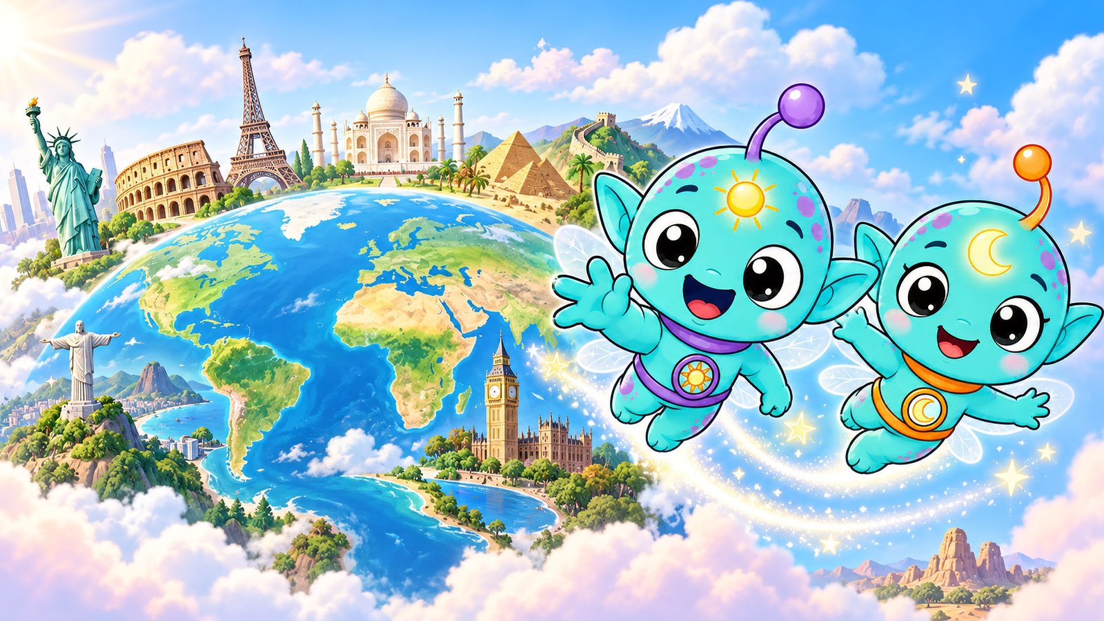 Kosmo y Mila sobrevolando una ciudad